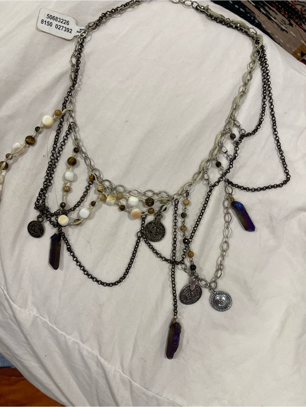 Boho Multi-Chain Beaded Pendant Necklace - Iridescent Purple & White